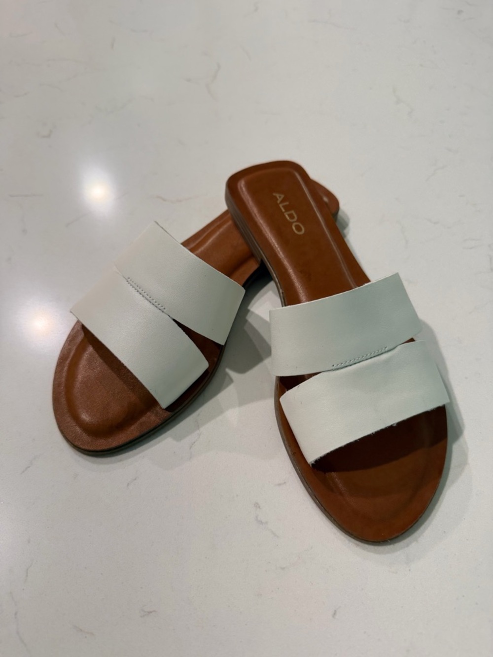 ALDO White Double-Band Slide Sandals with Tan Footbed